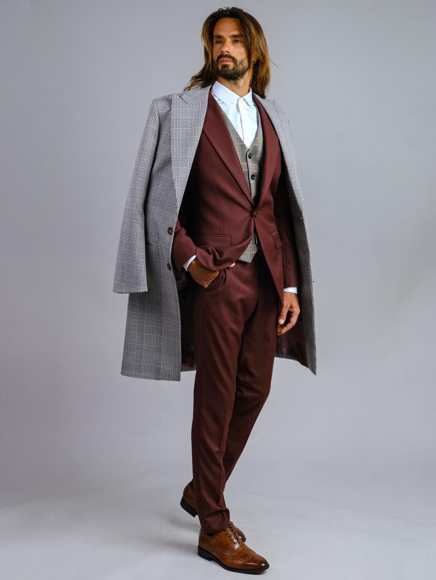 ITALIAN BURGUNDY 3-PIECE SUIT & OVERCOAT