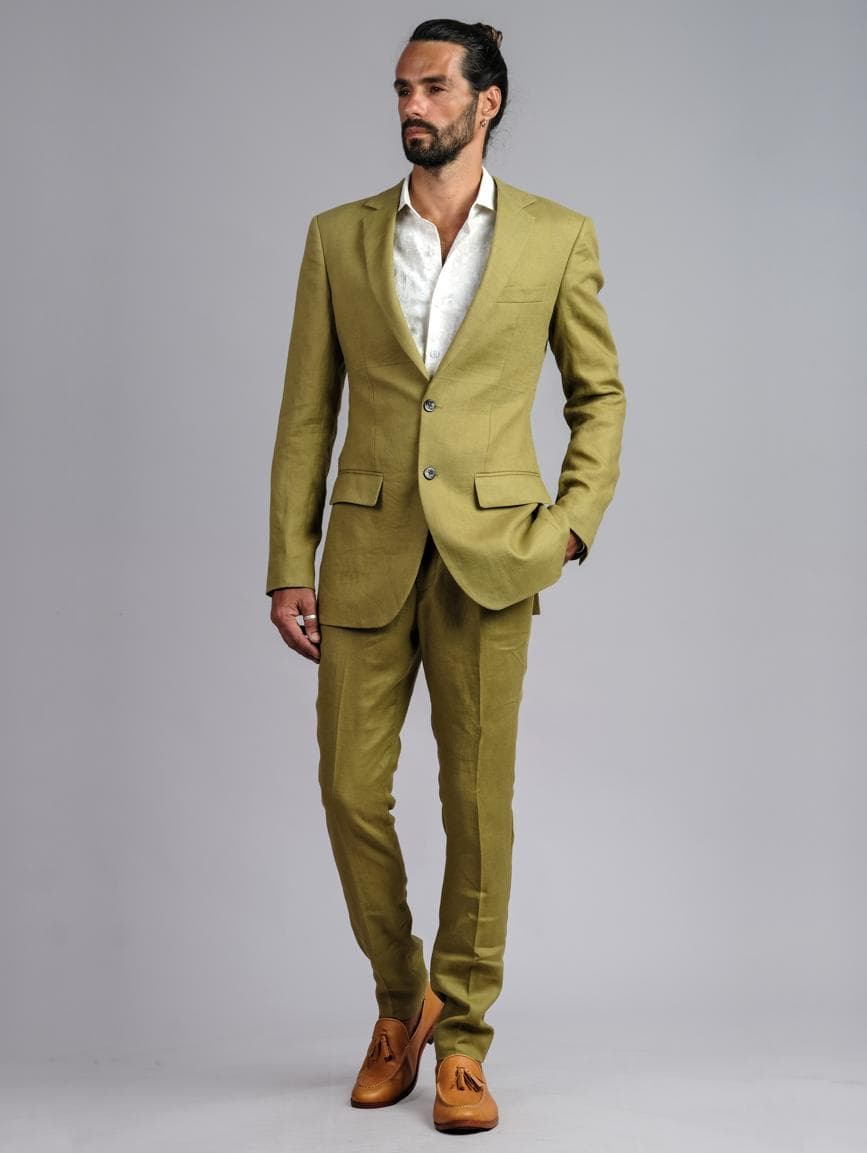 OLIVE ESSENCE SLIM-FIT LINEN 2-PIECE SUIT