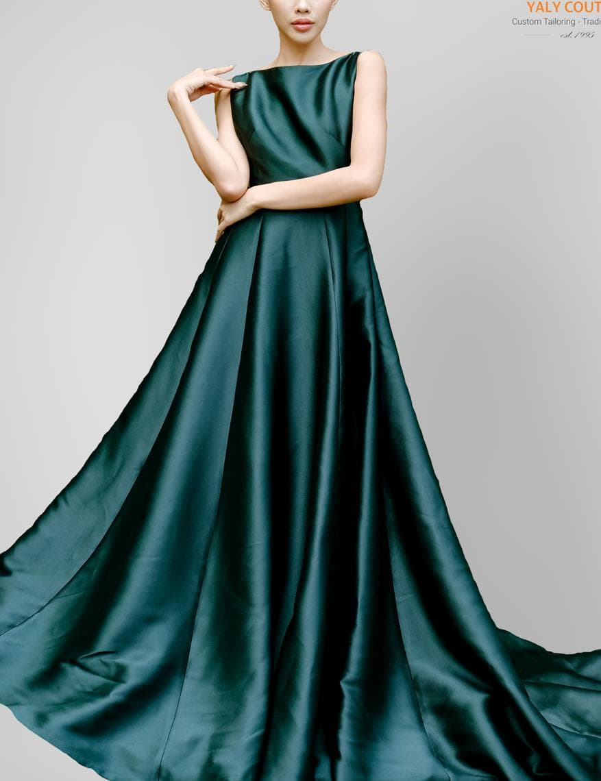 DARK GREEN FLARE BROCADE DRESS