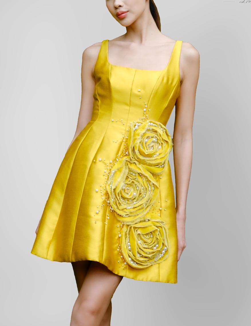 THREE ROSES YELLOW BROCADE MIDI DRESS 