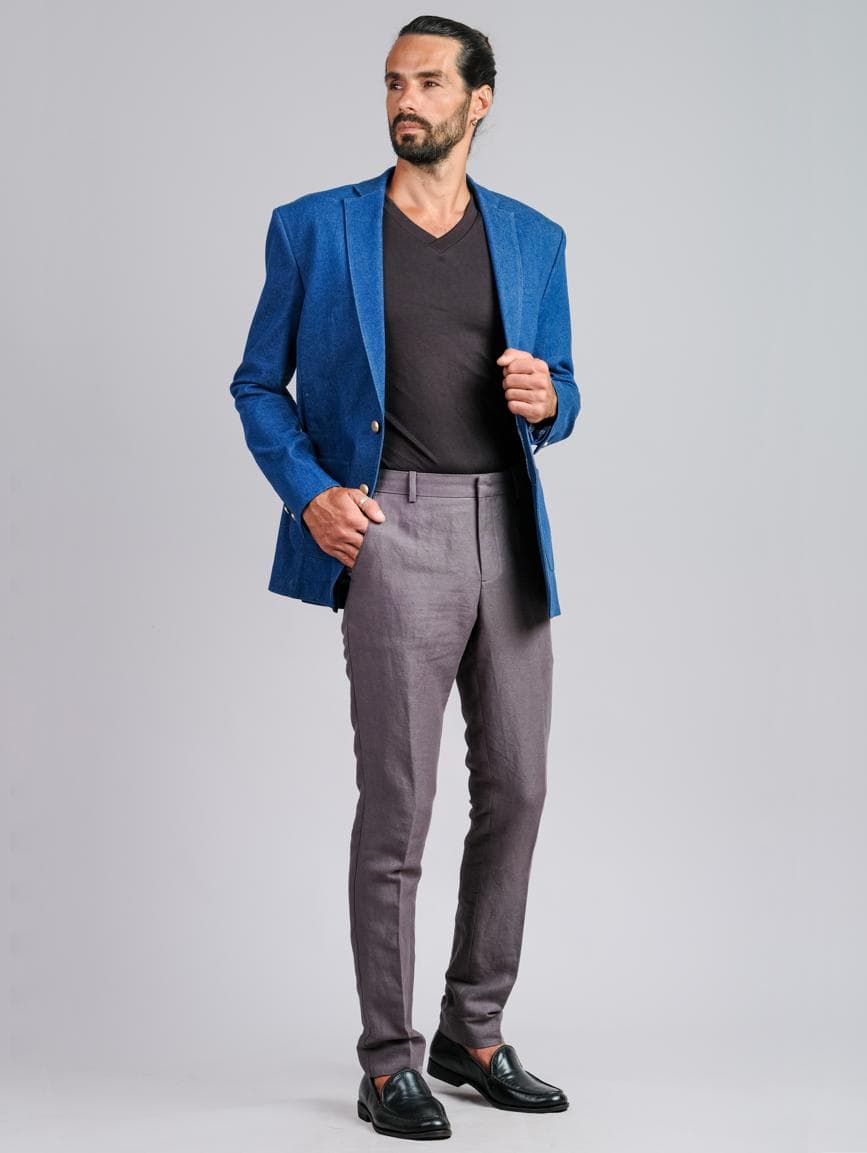 JACKET DENIM ĐỘT CHỈ VÀ QUẦN LINEN SLIM-FIT.